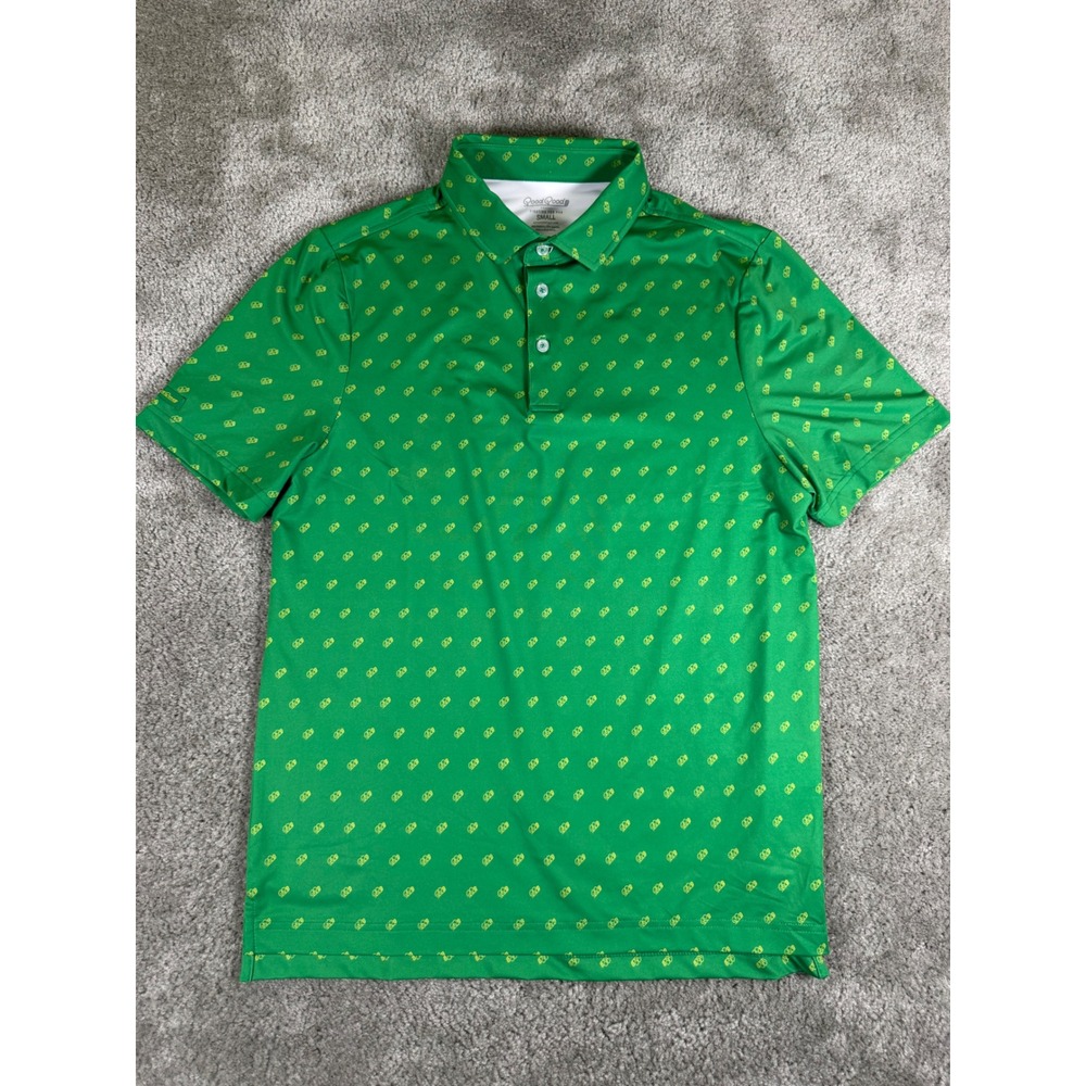 Good Good Golf Polo Shirt Mens Small Green Yellow Print Short Sleeve Stretch